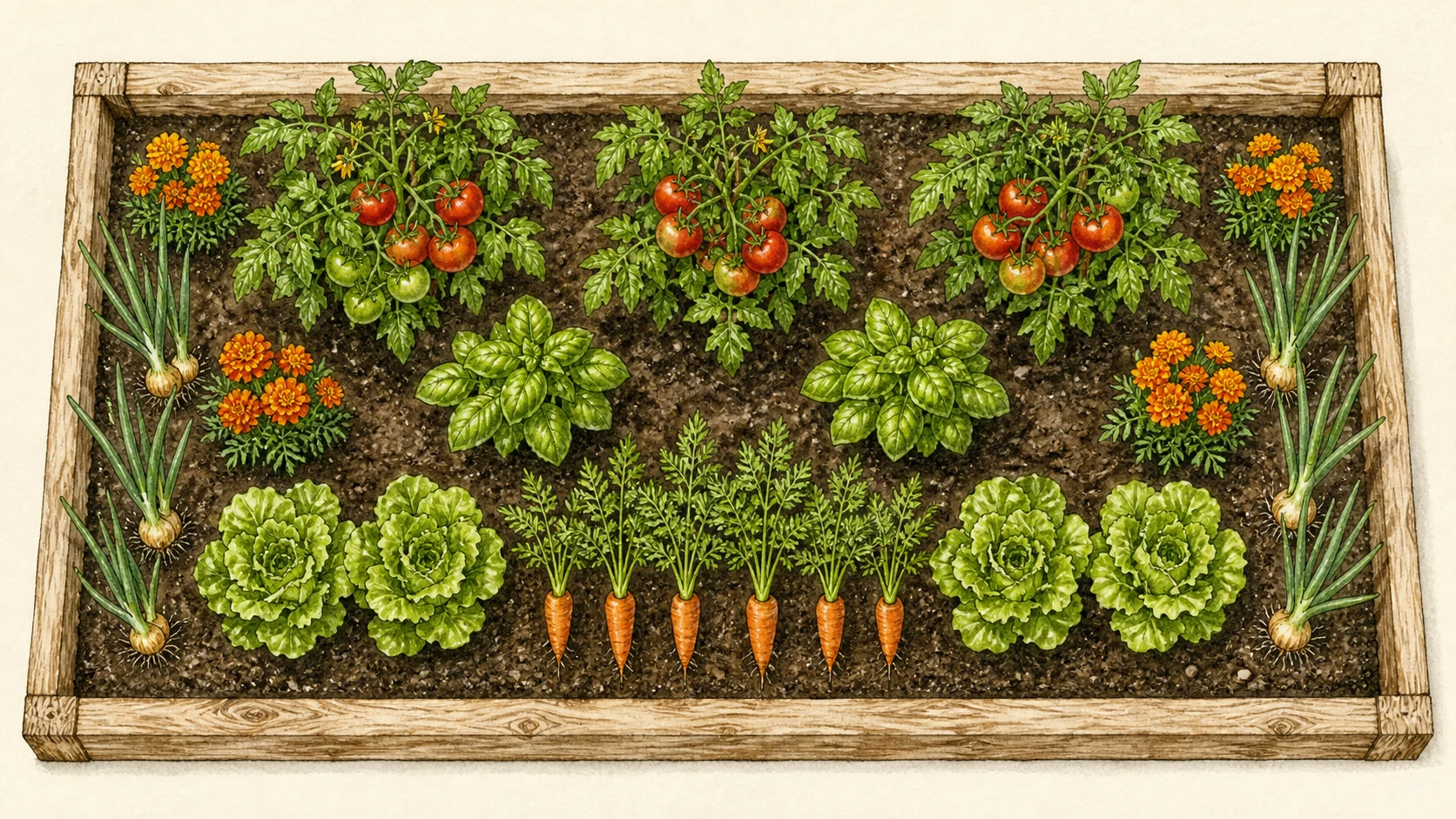 Top-down illustrated bed with tomatoes, basil, marigolds, onions, lettuce and carrots arranged at practical spacing
