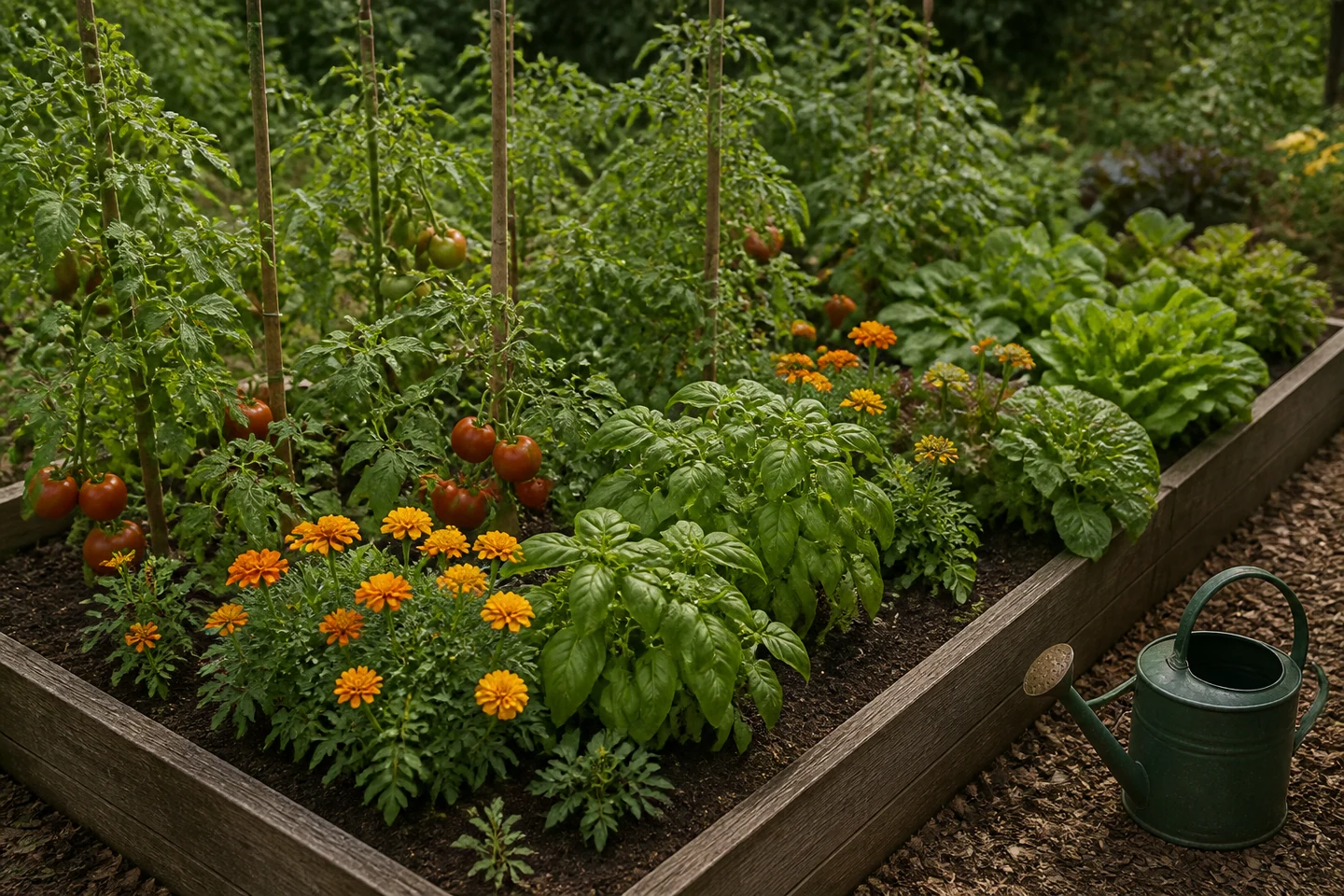 A productive mixed vegetable bed demonstrating practical companion planting