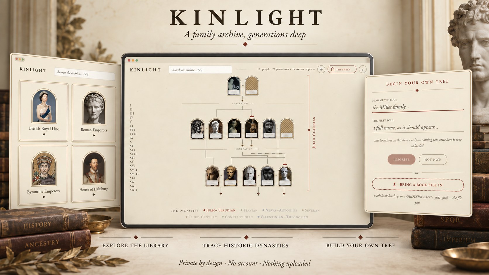 Kinlight showcase — the 3D royal family tree, the library of dynasties and the build-your-own-tree panel, arranged over antique books