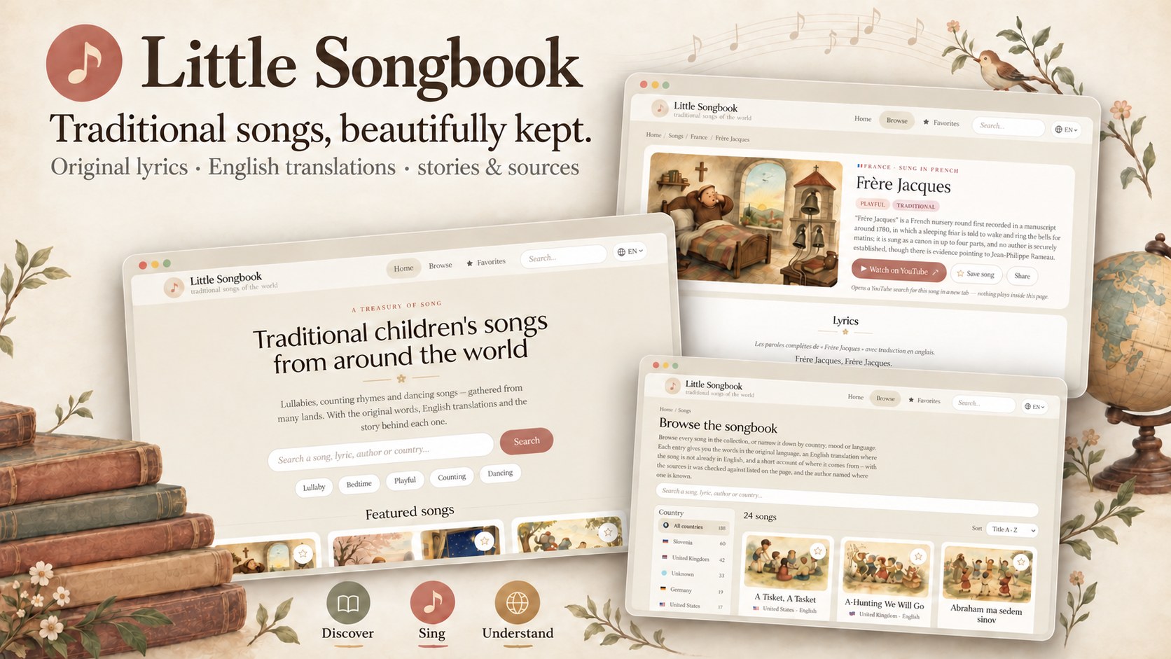 Little Songbook showcase — “Traditional songs, beautifully kept”: the home page, the Frère Jacques song page and the songbook browser amid botanical illustrations