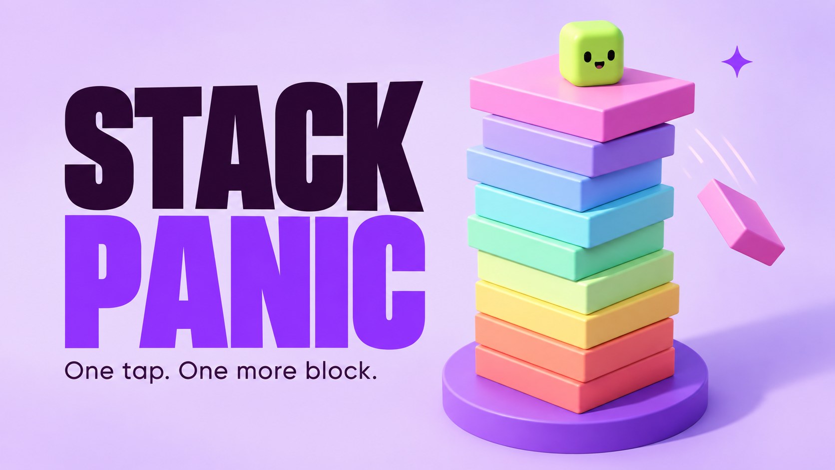 Stack Panic showcase — “One tap. One more block.”: a tower of pastel blocks stacked on a pedestal, one block mid-drop